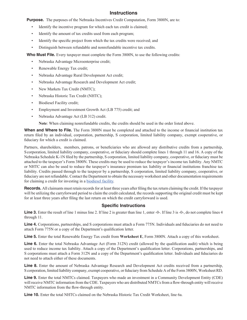 Form 3800N Nebraska Incentives Credit Computation for Tax Years After 2014 and Before 2019 - Nebraska, Page 2