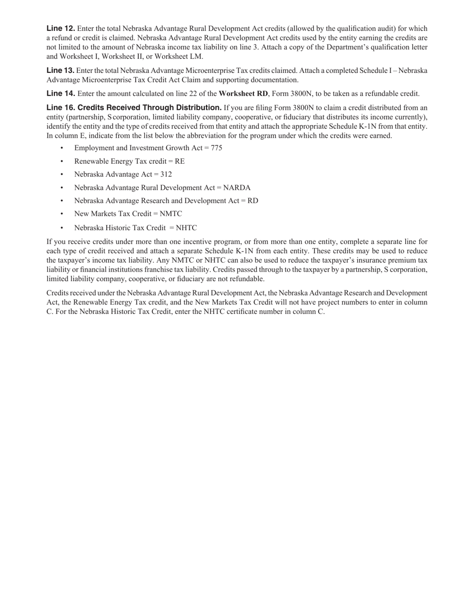 Form 3800N Nebraska Incentives Credit Computation for Tax Years After 2014 and Before 2019 - Nebraska, Page 3