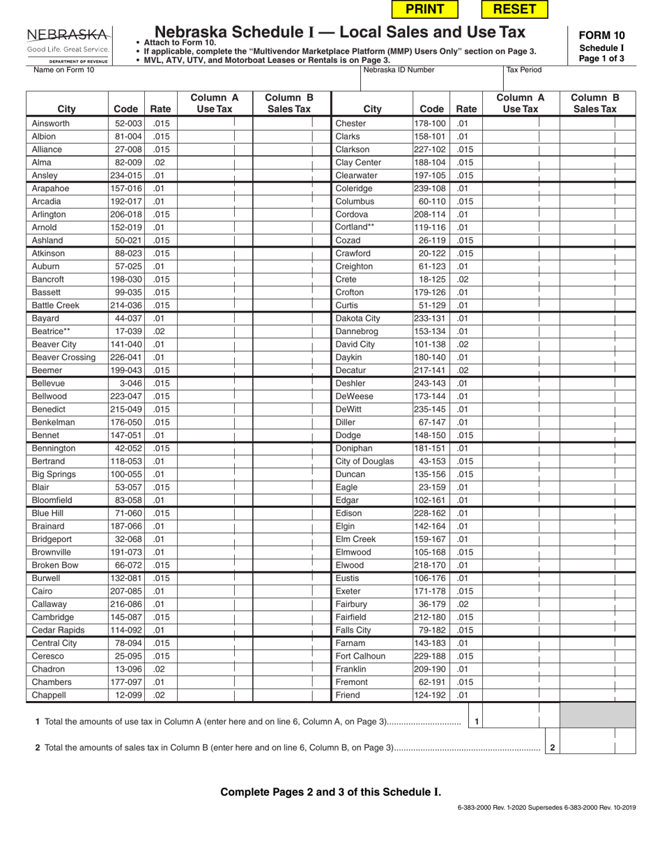 Form 10 Schedule I Download Fillable PDF or Fill Online Local Sales and ...