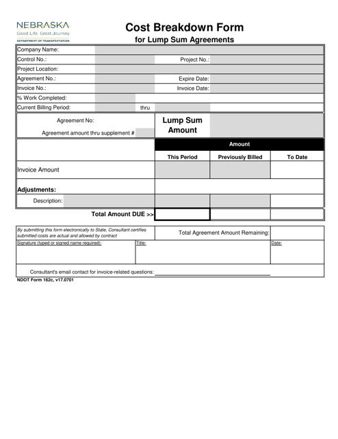 NDOT Form 162C Cost Breakdown Form for Lump Sum Agreements - Nebraska