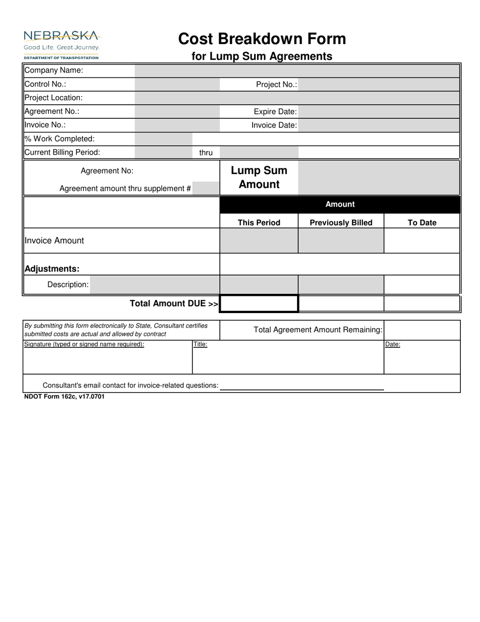 NDOT Form 162C Cost Breakdown Form for Lump Sum Agreements - Nebraska, Page 1