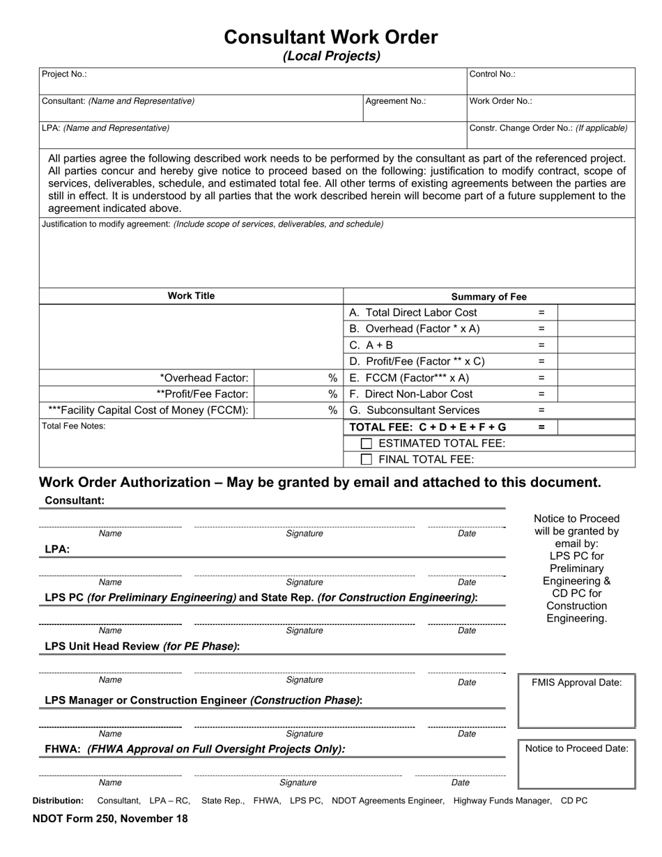 NDOT Form 250 Consultant Work Order (Local Projects) - Nebraska, Page 1