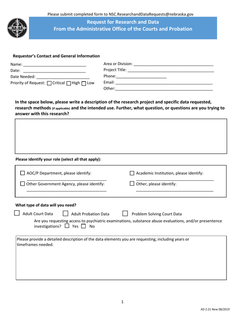 Form AD2:21 Request for Research and Data From the Administrative Office of the Courts and Probation - Nebraska