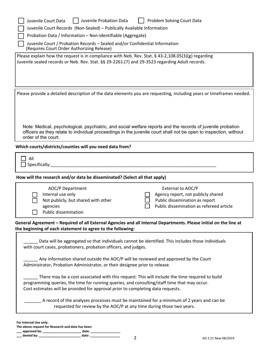 Form AD2:21 Request for Research and Data From the Administrative Office of the Courts and Probation - Nebraska, Page 2