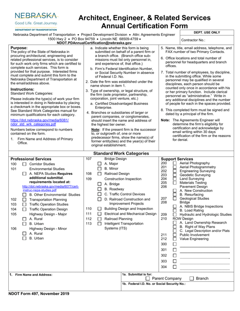 NDOT Form 497 Architect, Engineer, & Related Services Annual Certification Form - Nebraska
