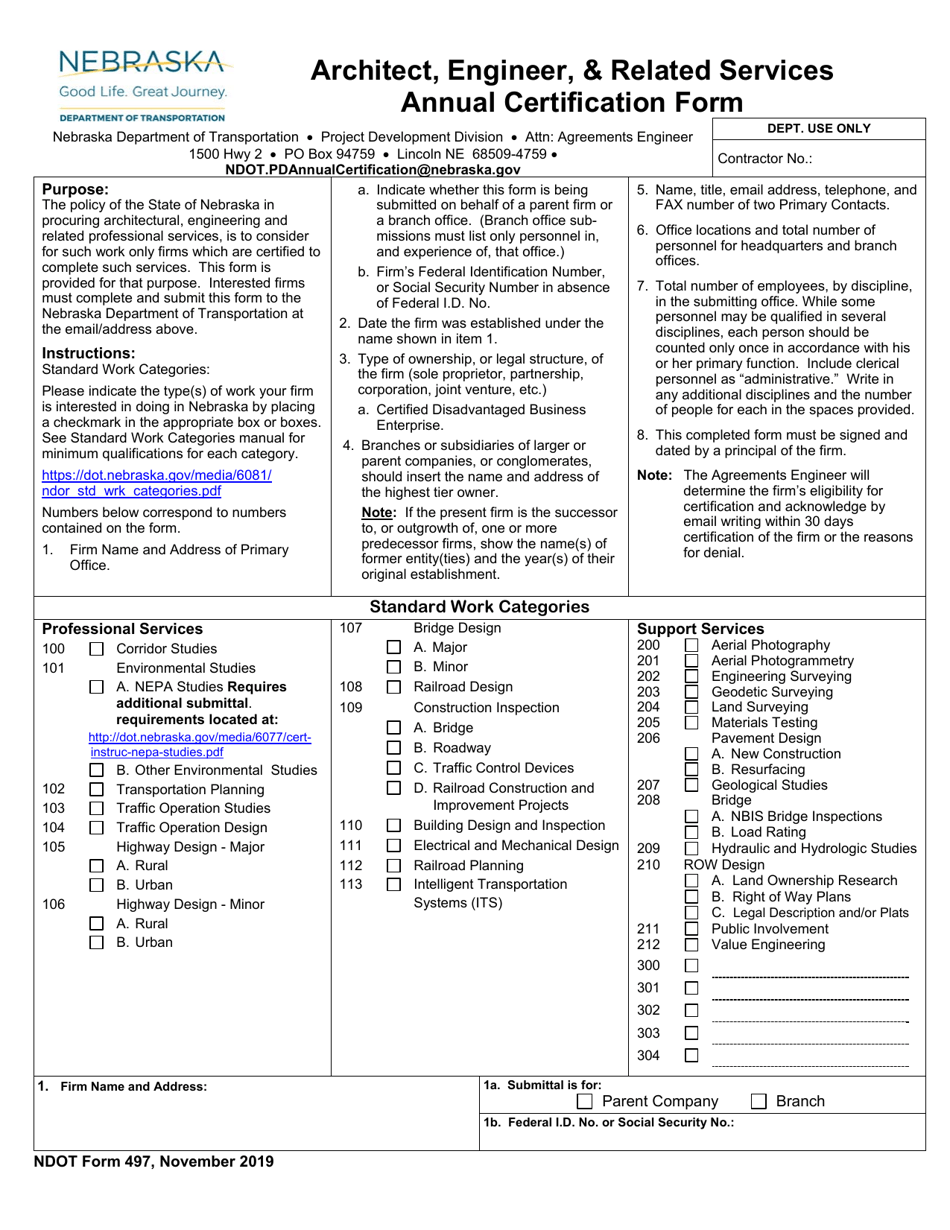 NDOT Form 497 Architect, Engineer,  Related Services Annual Certification Form - Nebraska, Page 1