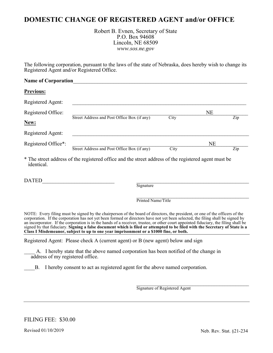 Domestic Change of Registered Agent and / or Office - Nebraska, Page 1