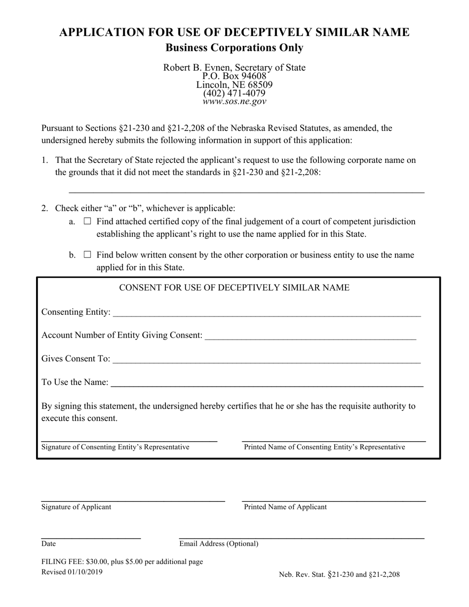 Application for Use of Deceptively Similar Name - Business Corporations Only - Nebraska, Page 1