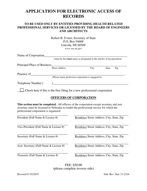 Application for Electronic Access of Records - Nebraska Download Pdf