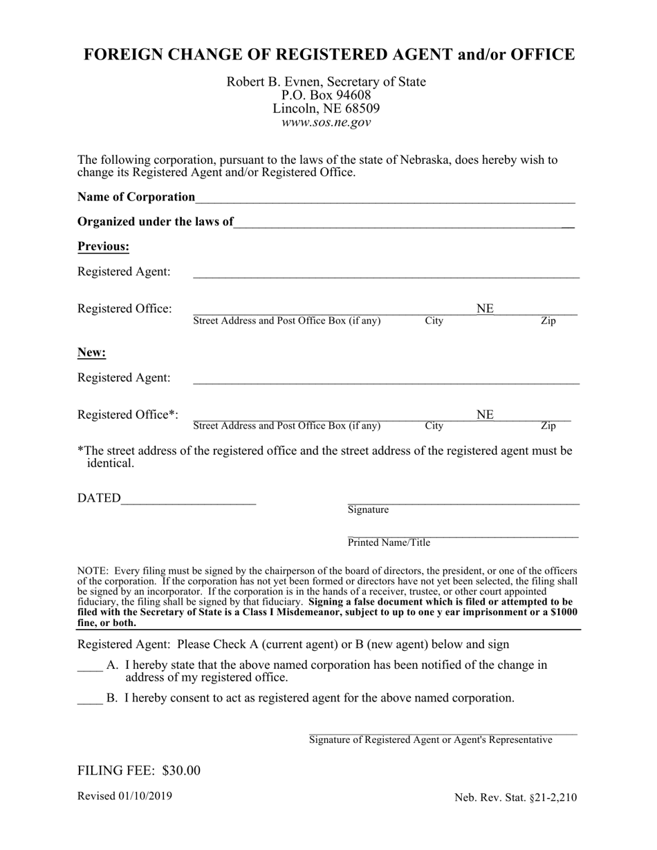 Foreign Change of Registered Agent and / or Office - Nebraska, Page 1