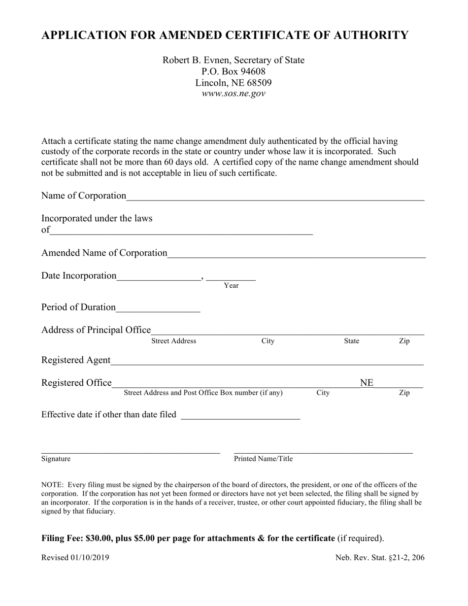 Application for Amended Certificate of Authority - Nebraska, Page 1