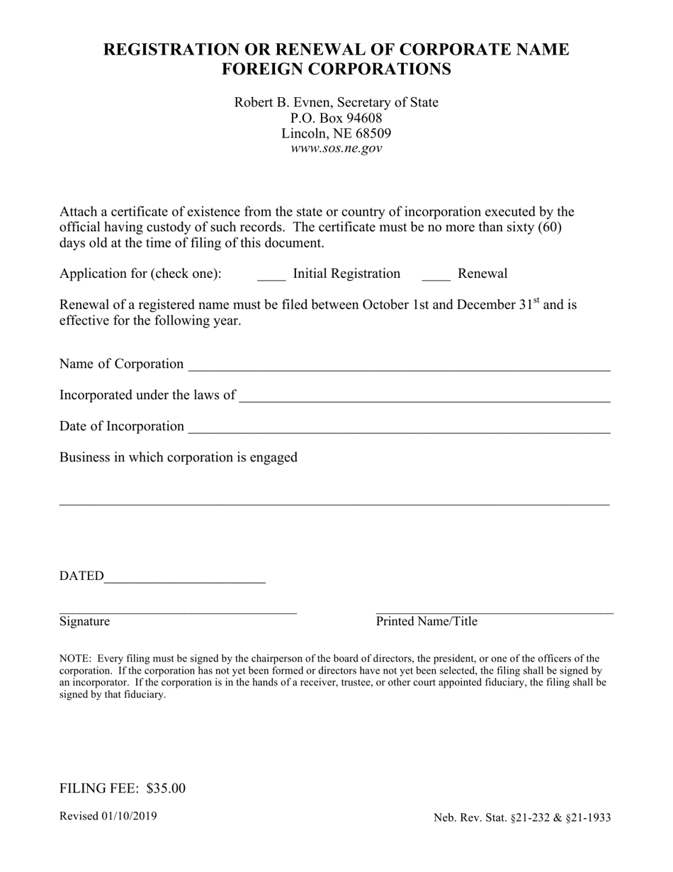 Registration or Renewal of Corporate Name Foreign Corporations - Nebraska, Page 1