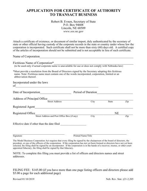 Application for Certificate of Authority to Transact Business - Nebraska Download Pdf