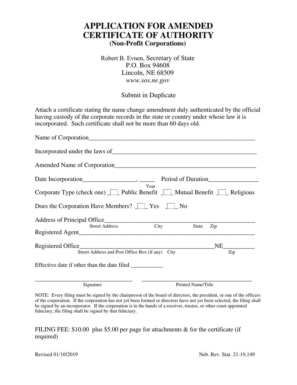 Application for Amended Certificate of Authority (Non-profit Corporations) - Nebraska, Page 1