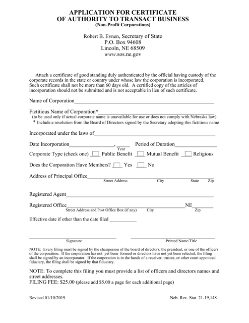Application for Certificate of Authority to Transact Business (Non-profit Corporations) - Nebraska Download Pdf
