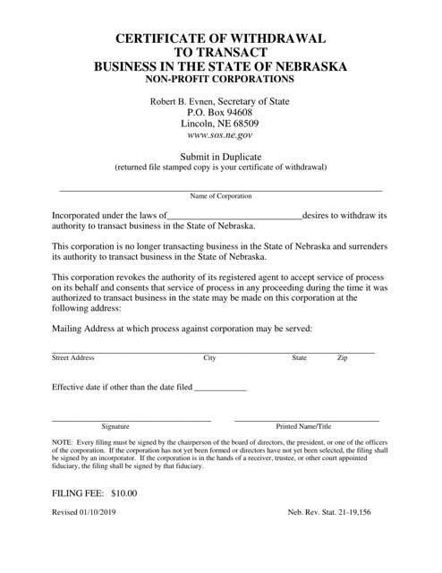 Certificate of Withdrawal to Transact Business in the State of Nebraska (Non-profit Corporations) - Nebraska Download Pdf