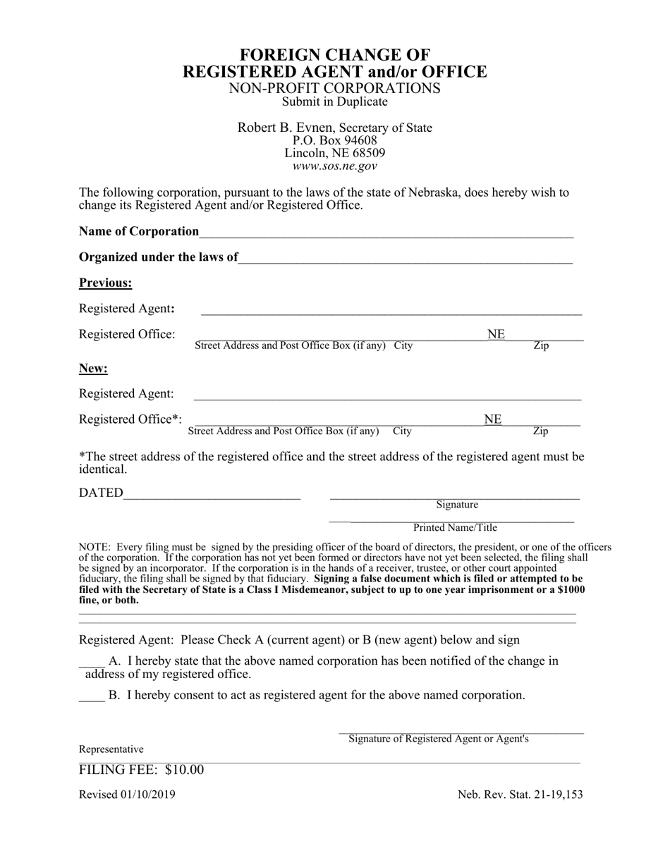 Foreign Change of Registered Agent and / or Office (Non-profit Corporations) - Nebraska, Page 1