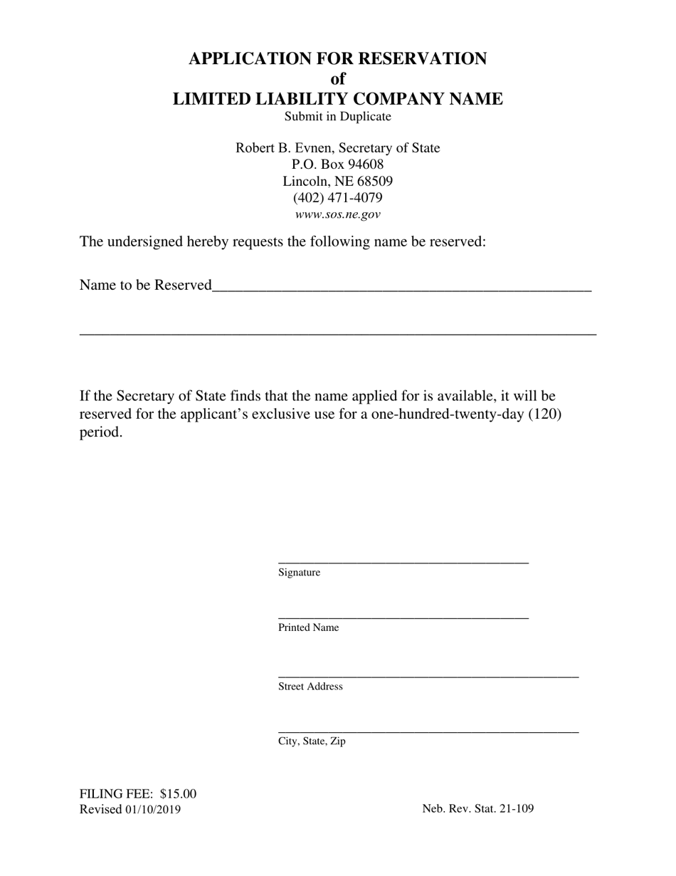 Application for Reservation of Limited Liability Company Name - Nebraska, Page 1