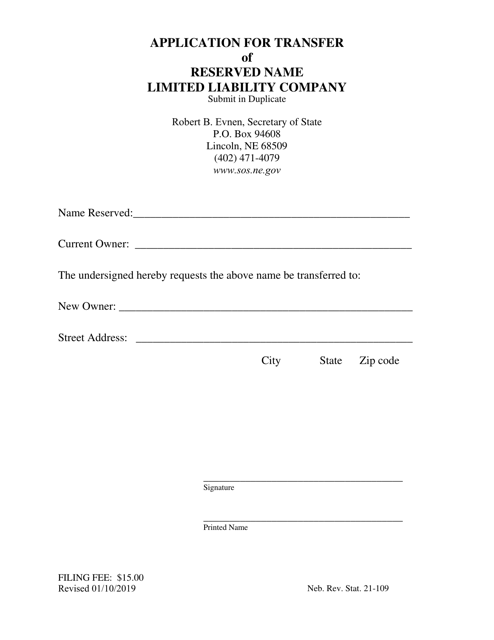 Application for Transfer of Reserved Name Limited Liability Company - Nebraska Download Pdf