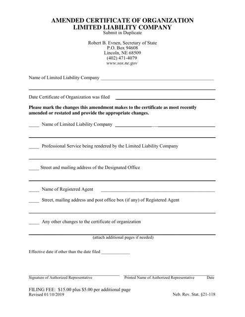 Amended Certificate of Organization Limited Liability Company - Nebraska Download Pdf