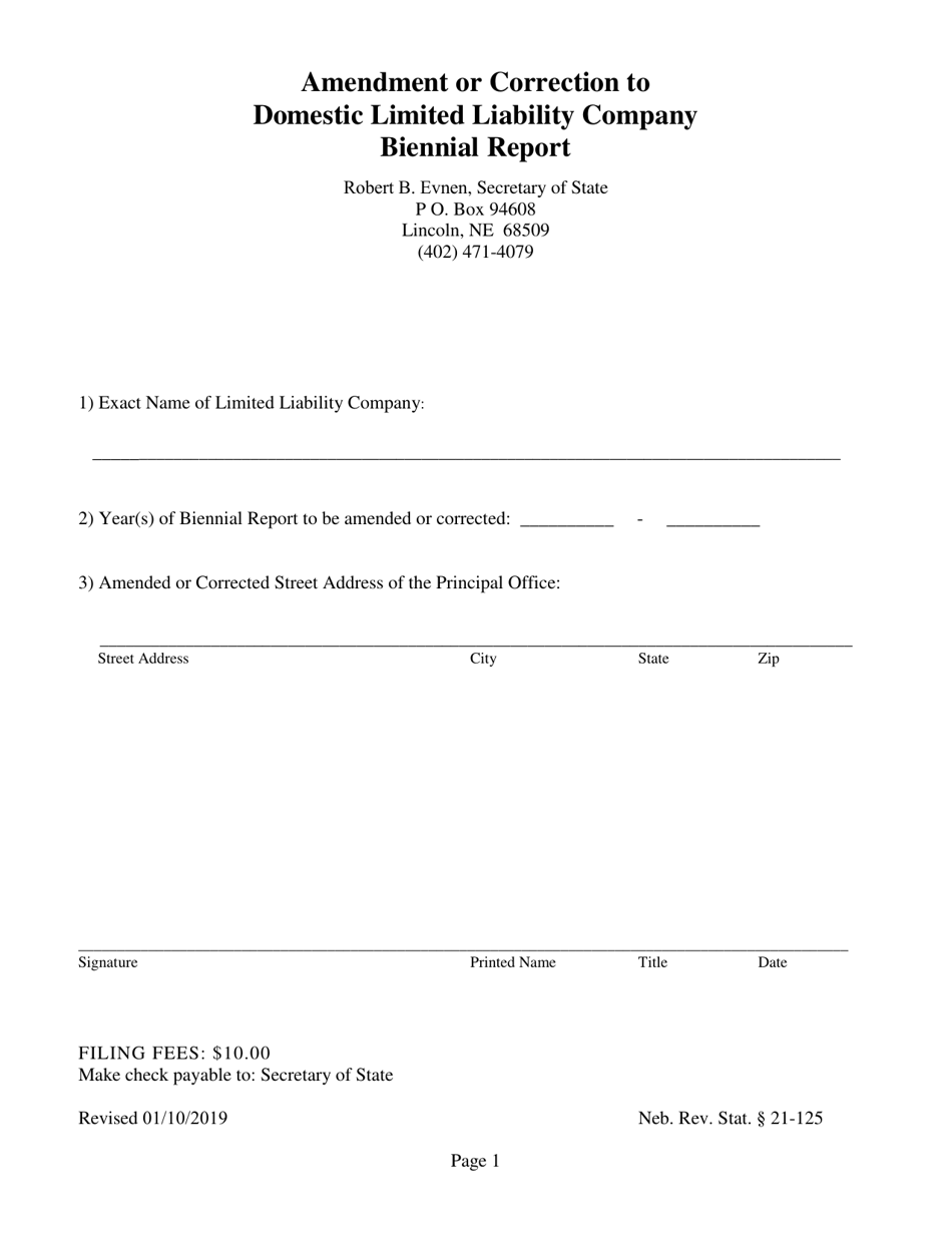 Amendment or Correction to Domestic Limited Liability Company Biennial Report - Nebraska, Page 1