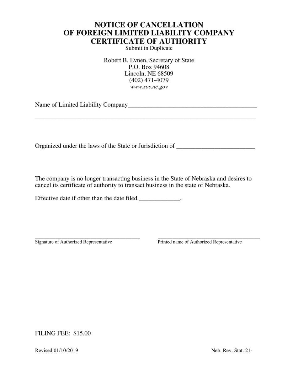 Notice of Cancellation of Foreign Limited Liability Company Certificate of Authority - Nebraska, Page 1