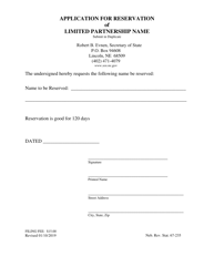 Document preview: Application for Reservation of Limited Partnership Name - Nebraska