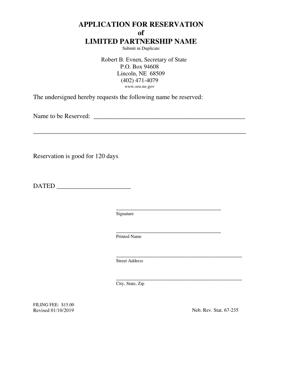 Application for Reservation of Limited Partnership Name - Nebraska, Page 1