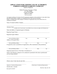 Document preview: Application for Certificate of Authority Foreign Limited Liability Company - Nebraska