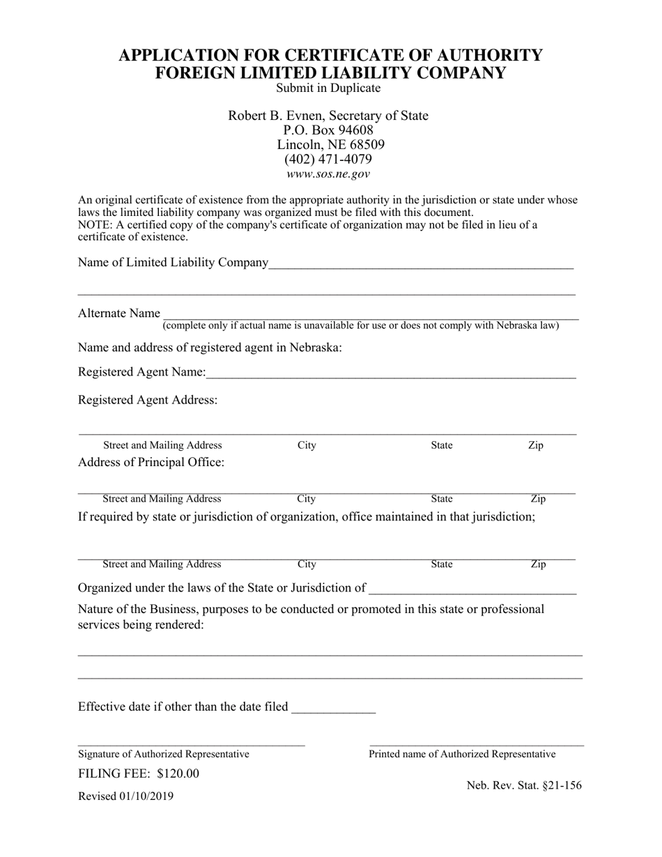 Application for Certificate of Authority Foreign Limited Liability Company - Nebraska, Page 1