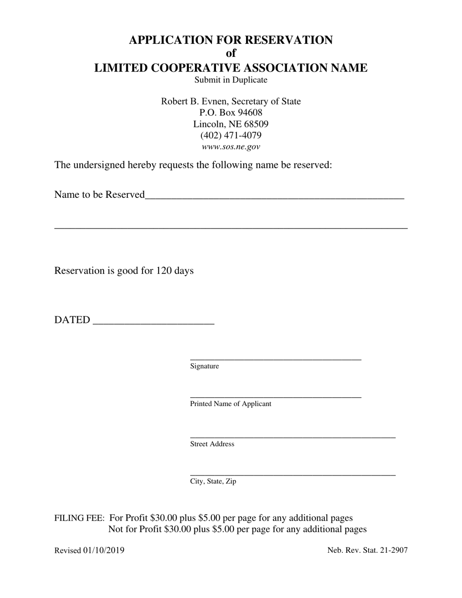 Application for Reservation of Limited Cooperative Association Name - Nebraska, Page 1