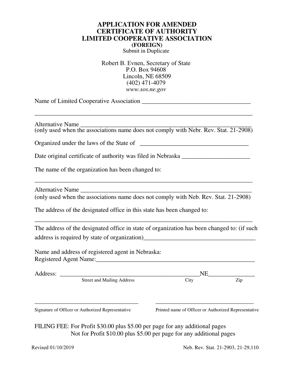 Application for Amended Certificate of Authority Limited Cooperative Association (Foreign) - Nebraska, Page 1