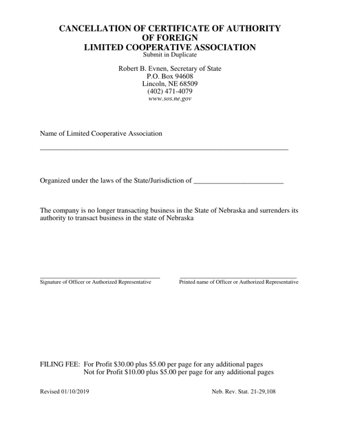 Cancellation of Certificate of Authority of Foreign Limited Cooperative Association - Nebraska Download Pdf