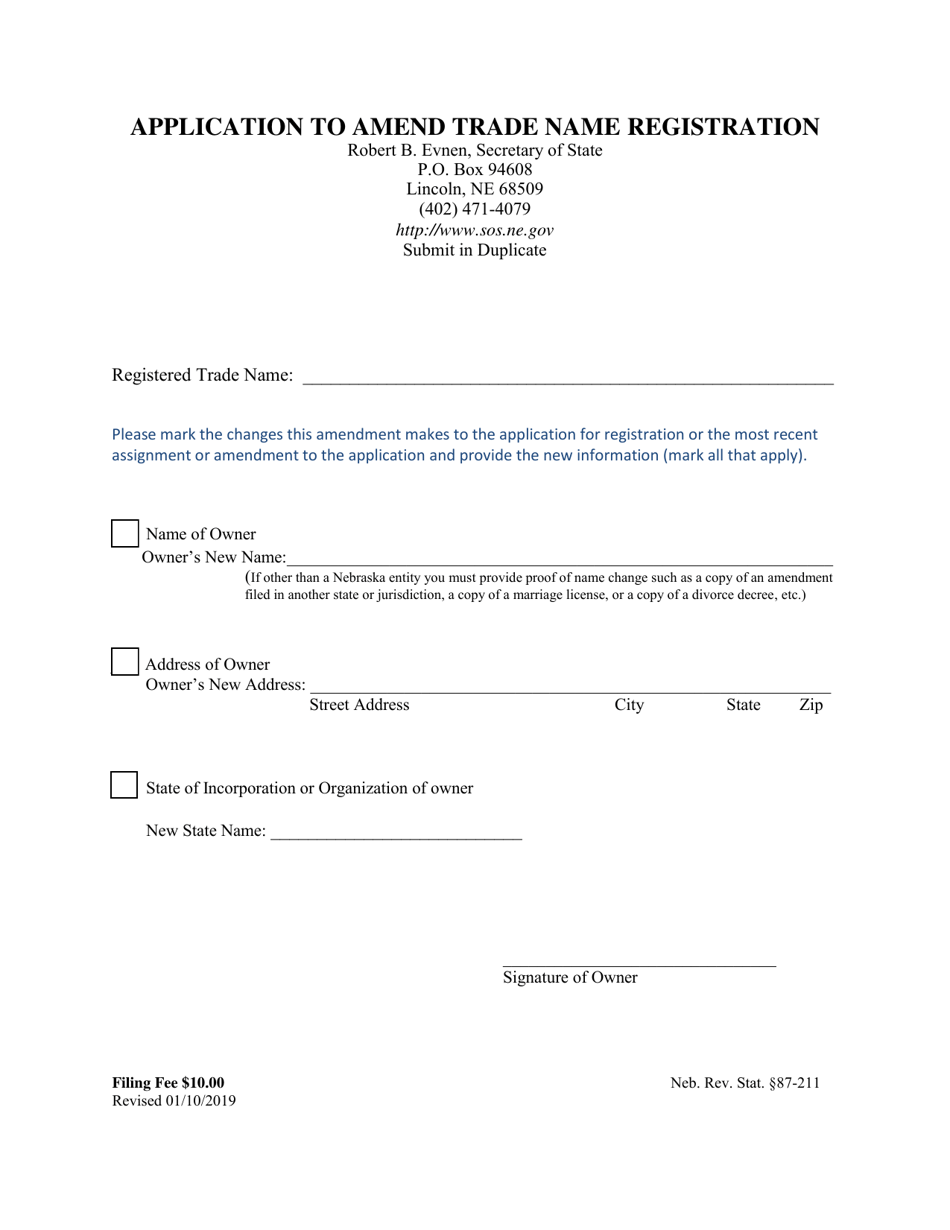 Application to Amend Trade Name Registration - Nebraska, Page 1