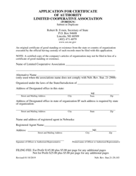 Application for Certificate of Authority Limited Cooperative Association (Foreign) - Nebraska