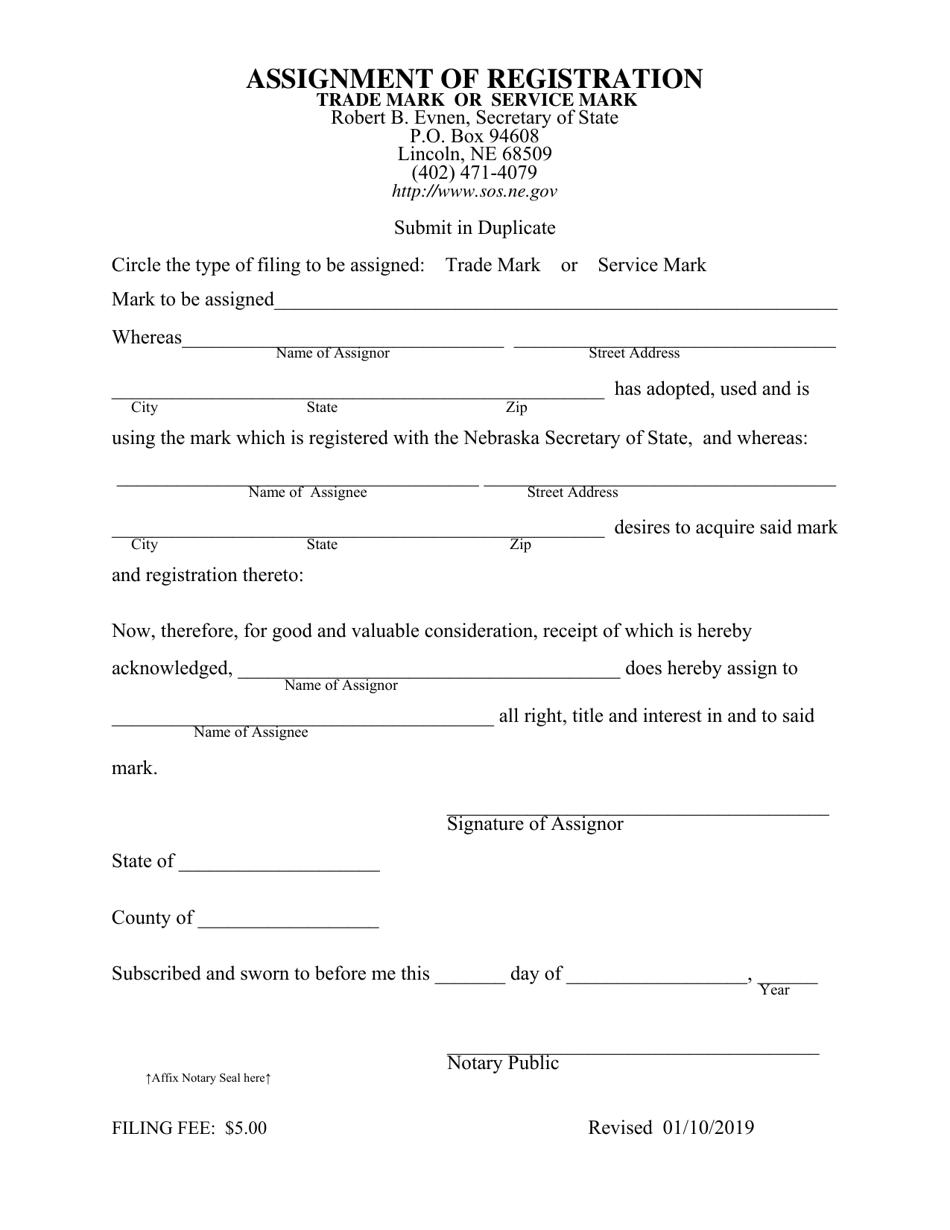 Assignment of Registration - Trade Mark or Service Mark - Nebraska, Page 1