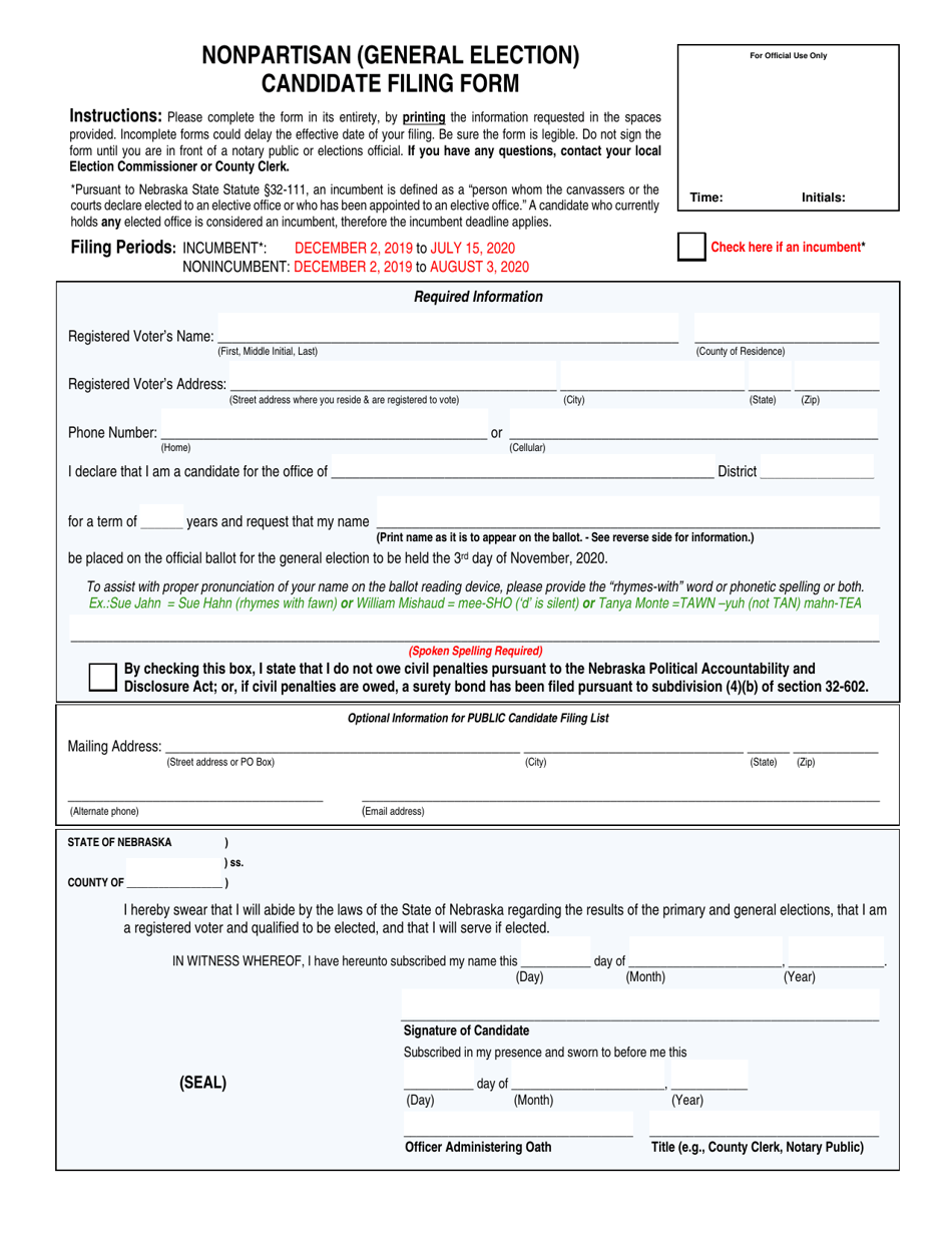 Nonpartisan (General Election) Candidate Filing Form - Nebraska, Page 1