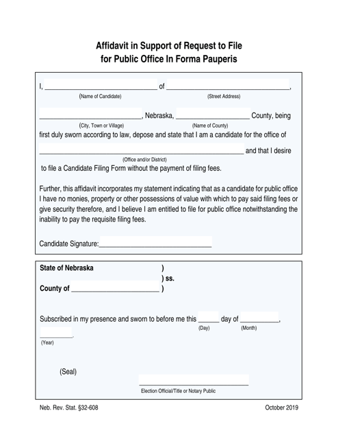 Affidavit in Support of Request to File for Public Office in Forma Pauperis - Nebraska Download Pdf