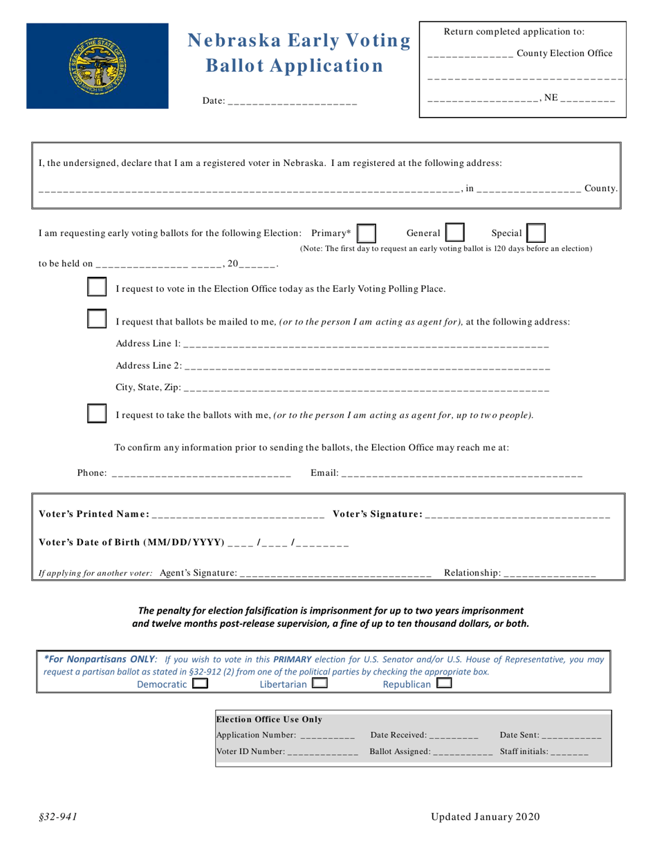 Nebraska Early Voting Ballot Application Form - Nebraska, Page 1