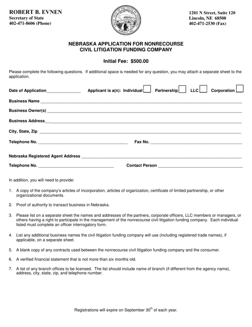 Nebraska Application for Nonrecourse Civil Litigation Funding Company - Nebraska Download Pdf