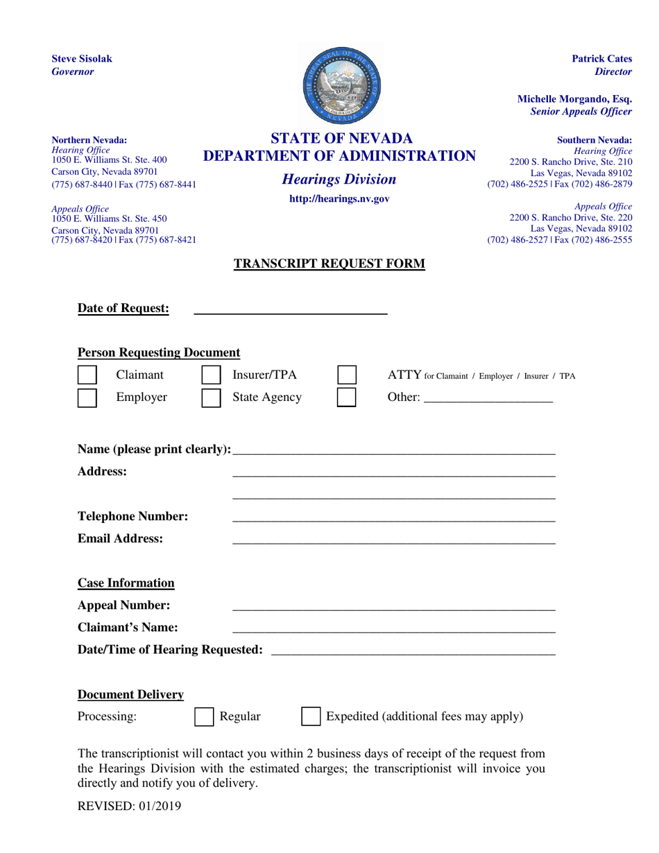 Transcript Request Form - Nevada, Page 1