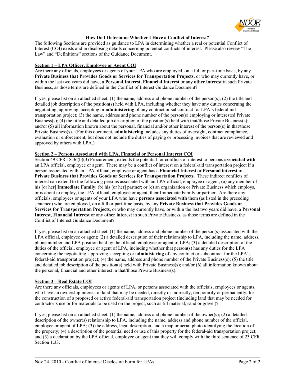 Conflict of Interest Disclosure Form for Consultants for Local Federal-Aid Transportation Projects - Nebraska, Page 2