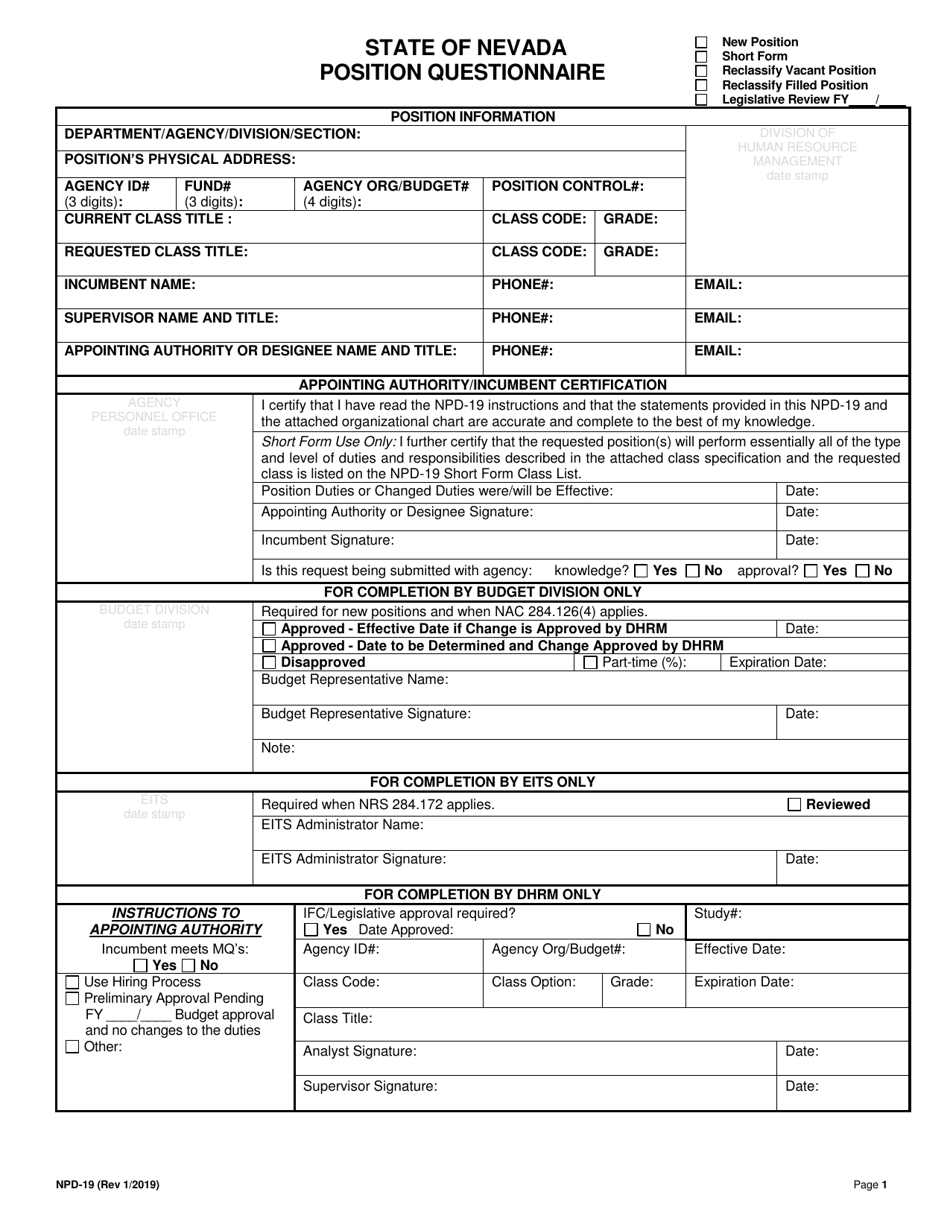 Form Npd 19 Download Printable Pdf Or Fill Online Position Questionnaire Nevada Templateroller 3267