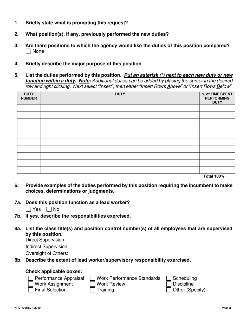 Form NPD-19 Download Printable PDF or Fill Online Position ...