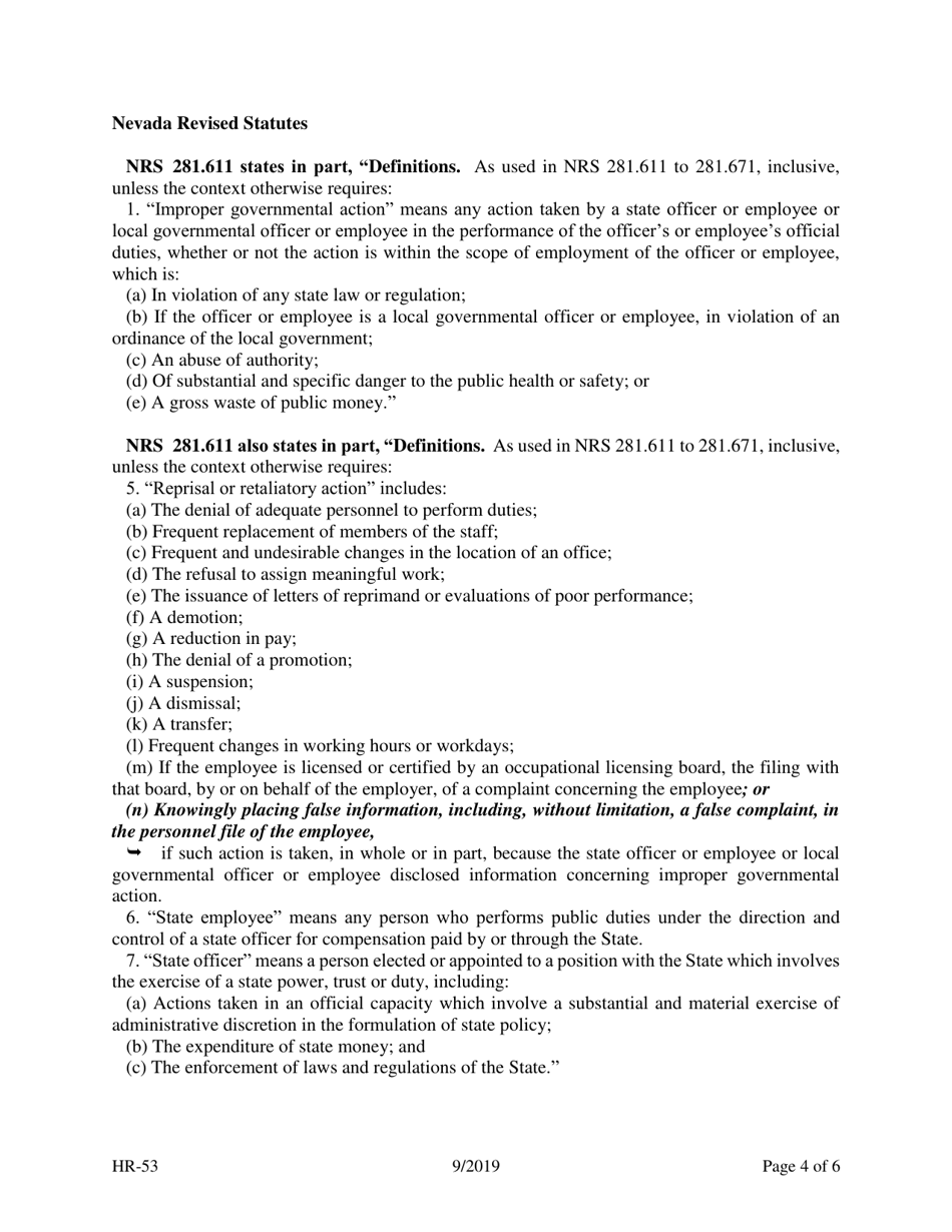 Form HR-53 Appeal of whistleblower Retaliation Under the Provisions of Nrs 281.641 - Nevada, Page 4
