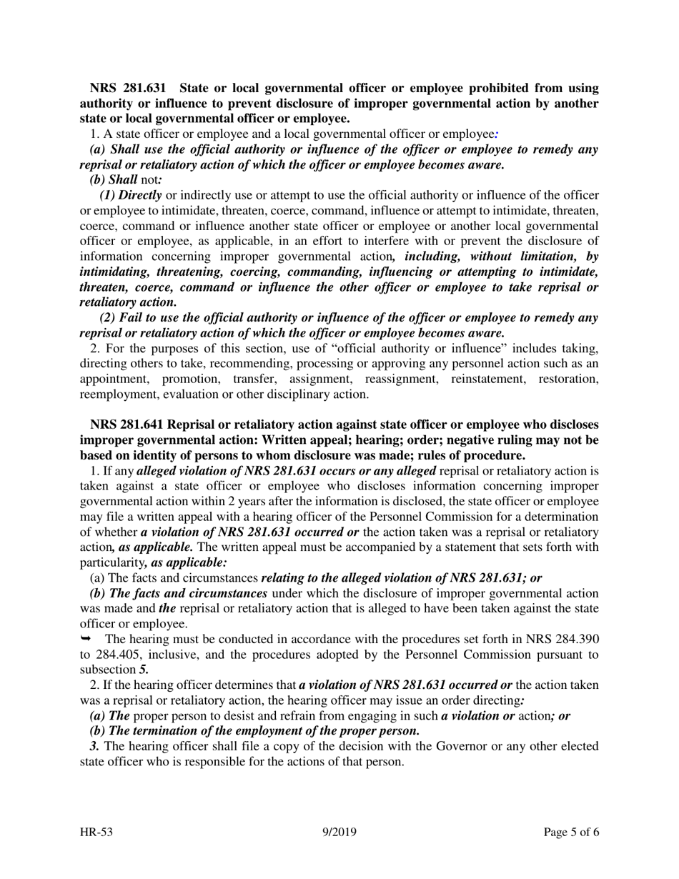 Form HR-53 Appeal of whistleblower Retaliation Under the Provisions of Nrs 281.641 - Nevada, Page 5