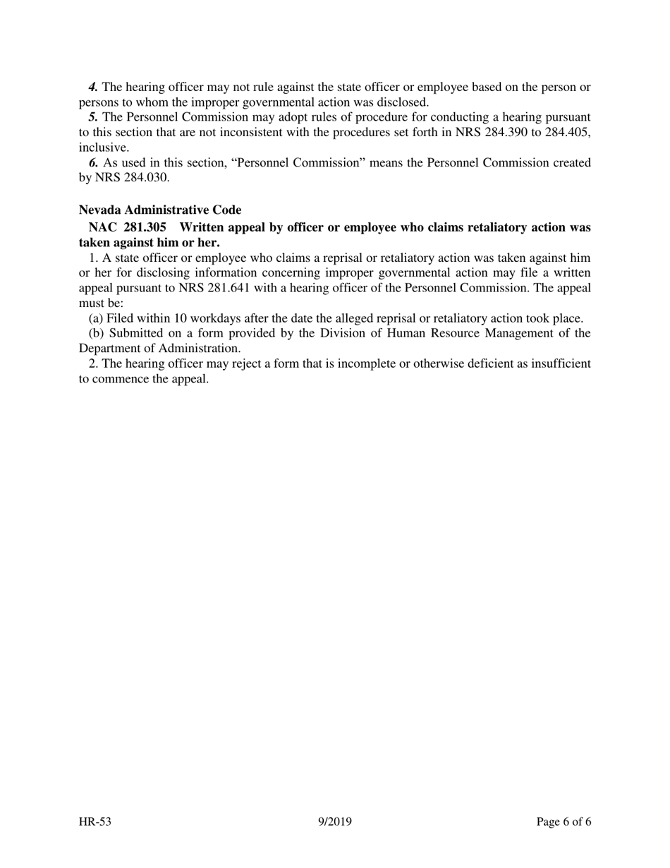 Form HR-53 Appeal of whistleblower Retaliation Under the Provisions of Nrs 281.641 - Nevada, Page 6