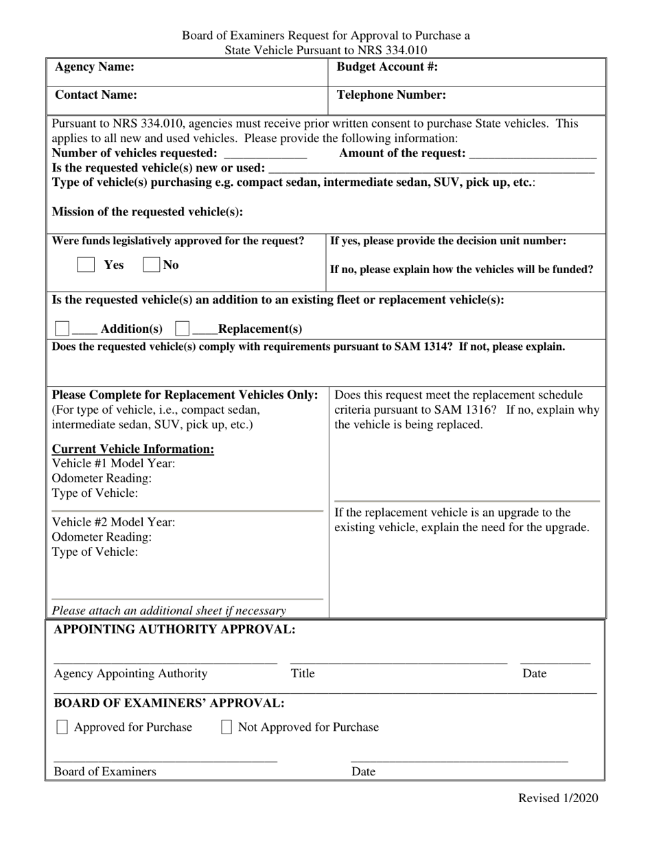 Board of Examiners Request for Approval to Purchase a State Vehicle Form - Nevada, Page 1
