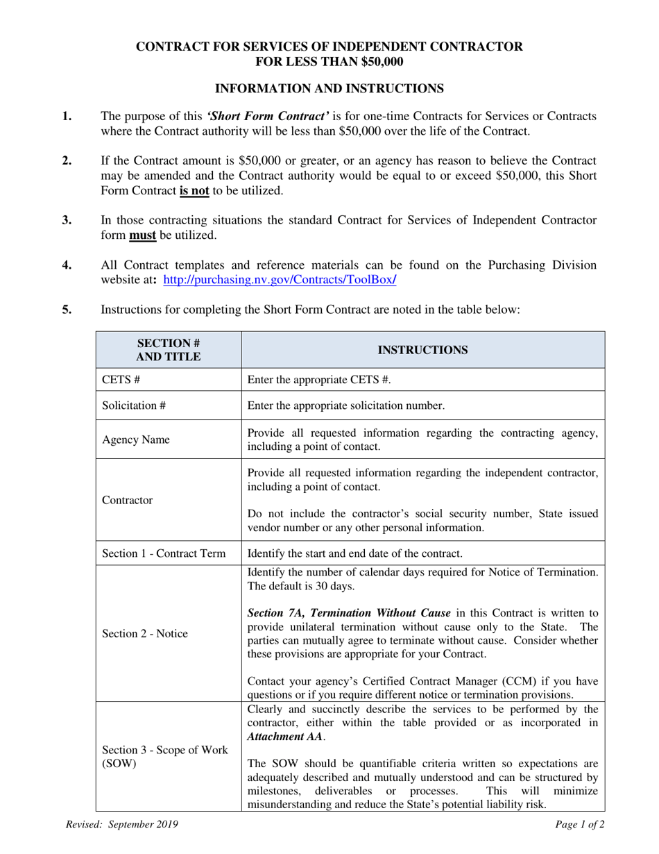 Instructions for Contract for Services of Independent Contractor for Less Than $50,000 - Nevada, Page 1
