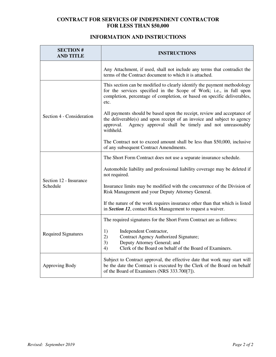 Instructions for Contract for Services of Independent Contractor for Less Than $50,000 - Nevada, Page 2